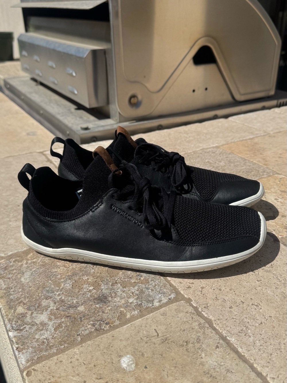 Vivo Barefoot Black Knit & Leather Sneakers with White Sole and Brown Pull Tab